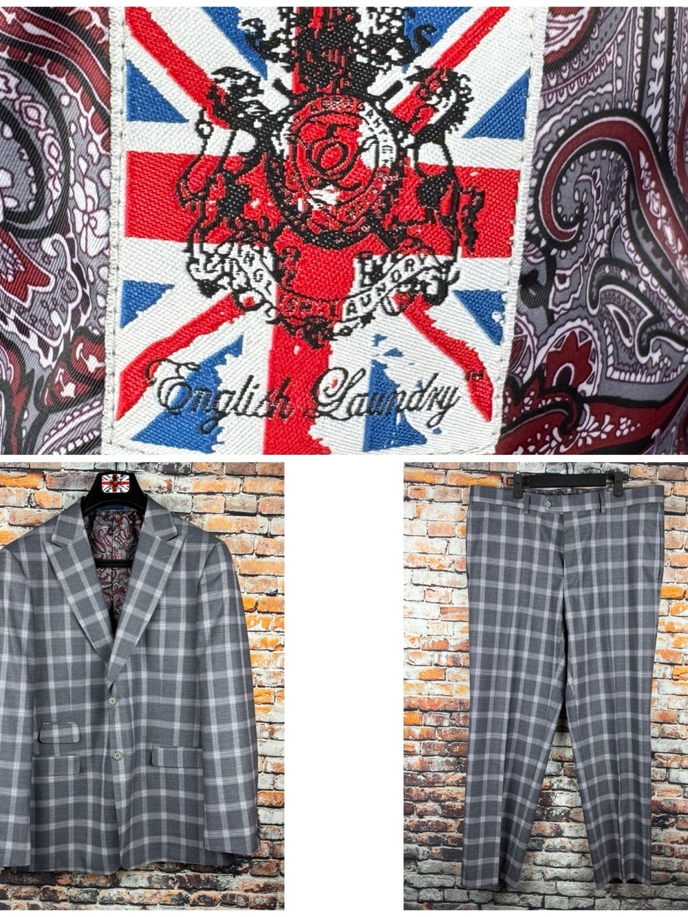 English Laundry Gray 2-Piece Plaid Suit Elegant Arrogant English 44 Reg 37W